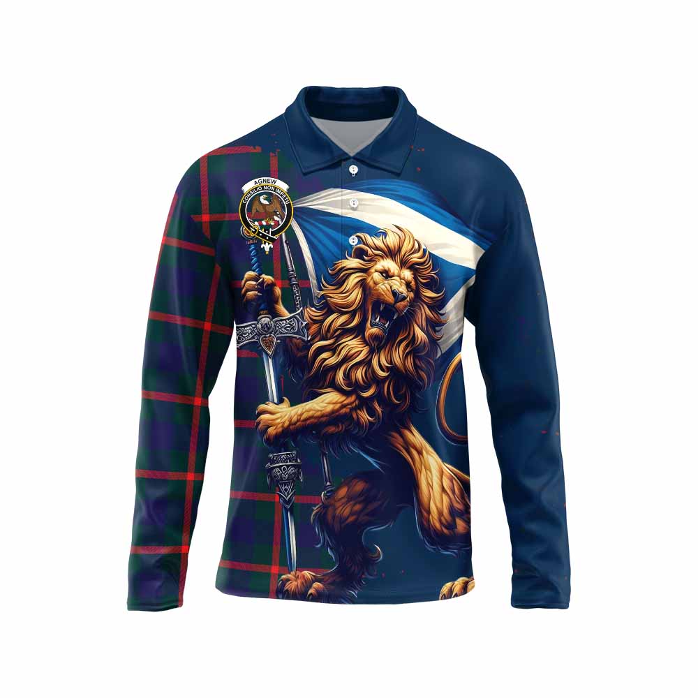 Tartan Vibes Clothing Agnew Tartan Family Crest Long Sleeve Polo Shirt with Scottish Majestic Lion