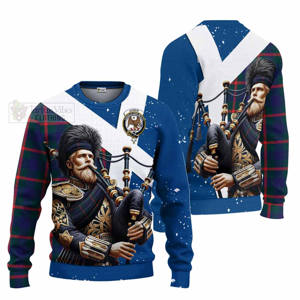 Tartan Vibes Clothing Agnew Tartan Knitted Sweater with Family Crest Scottish Bagpiper Vibes