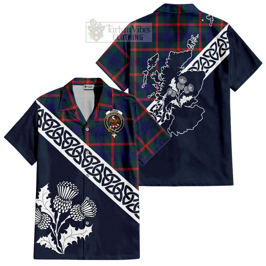 Tartan Vibes Clothing Agnew Tartan Short Sleeve Button Shirt Featuring Thistle and Scotland Map