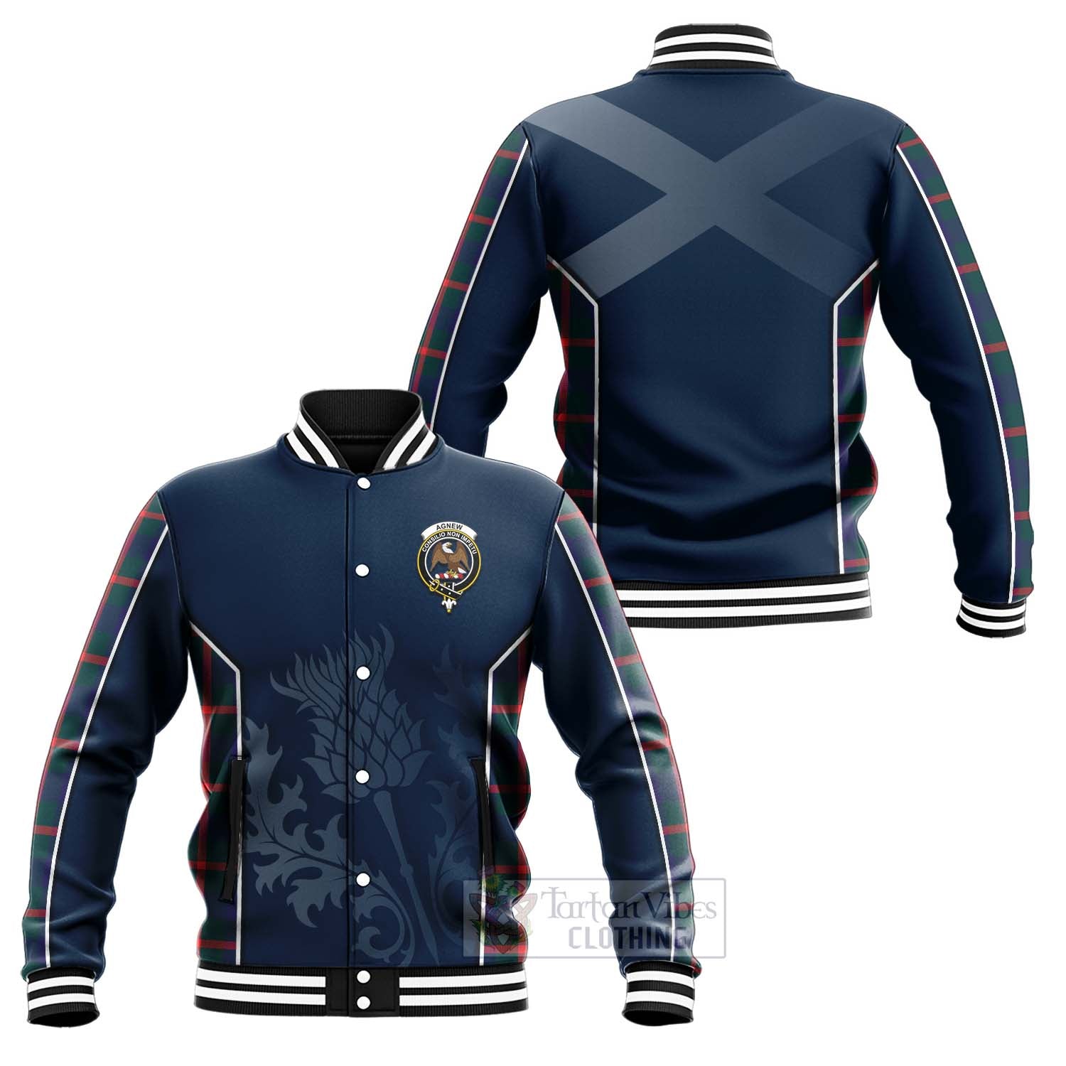 Tartan Vibes Clothing Agnew Tartan Baseball Jacket with Family Crest and Scottish Thistle Vibes Sport Style