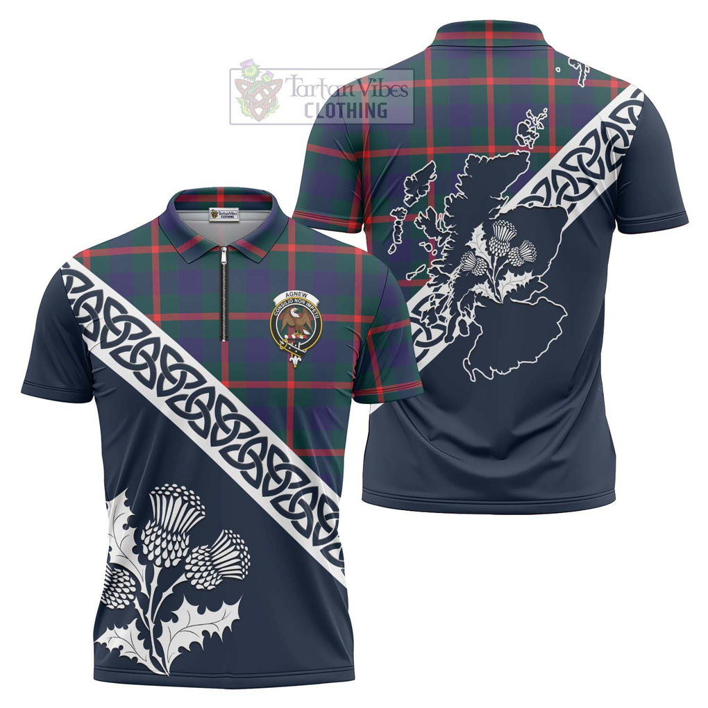 Tartan Vibes Clothing Agnew Tartan Zipper Polo Shirt Featuring Thistle and Scotland Map