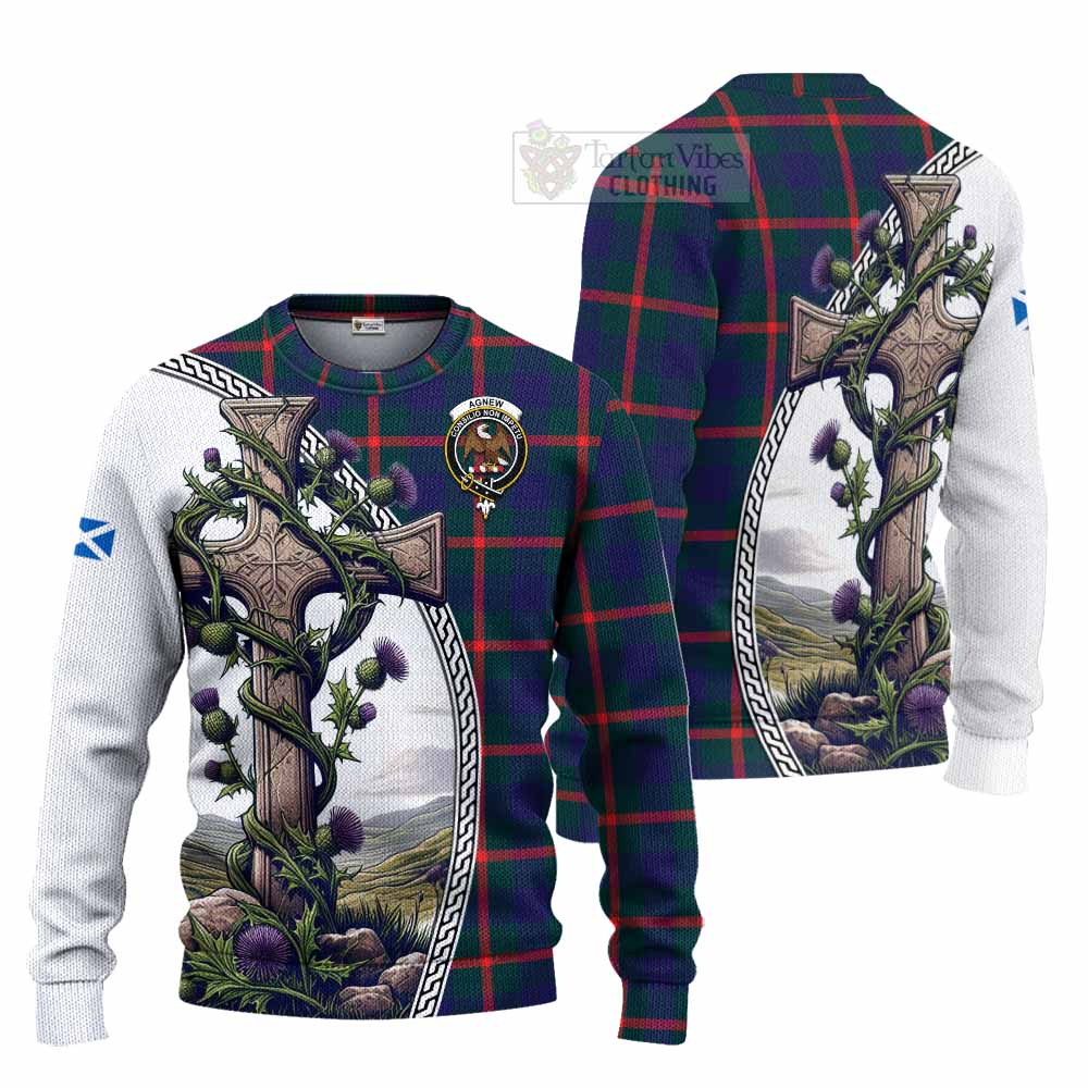 Tartan Vibes Clothing Agnew Tartan Knitted Sweater with Family Crest and St. Andrew's Cross Accented by Thistle Vines