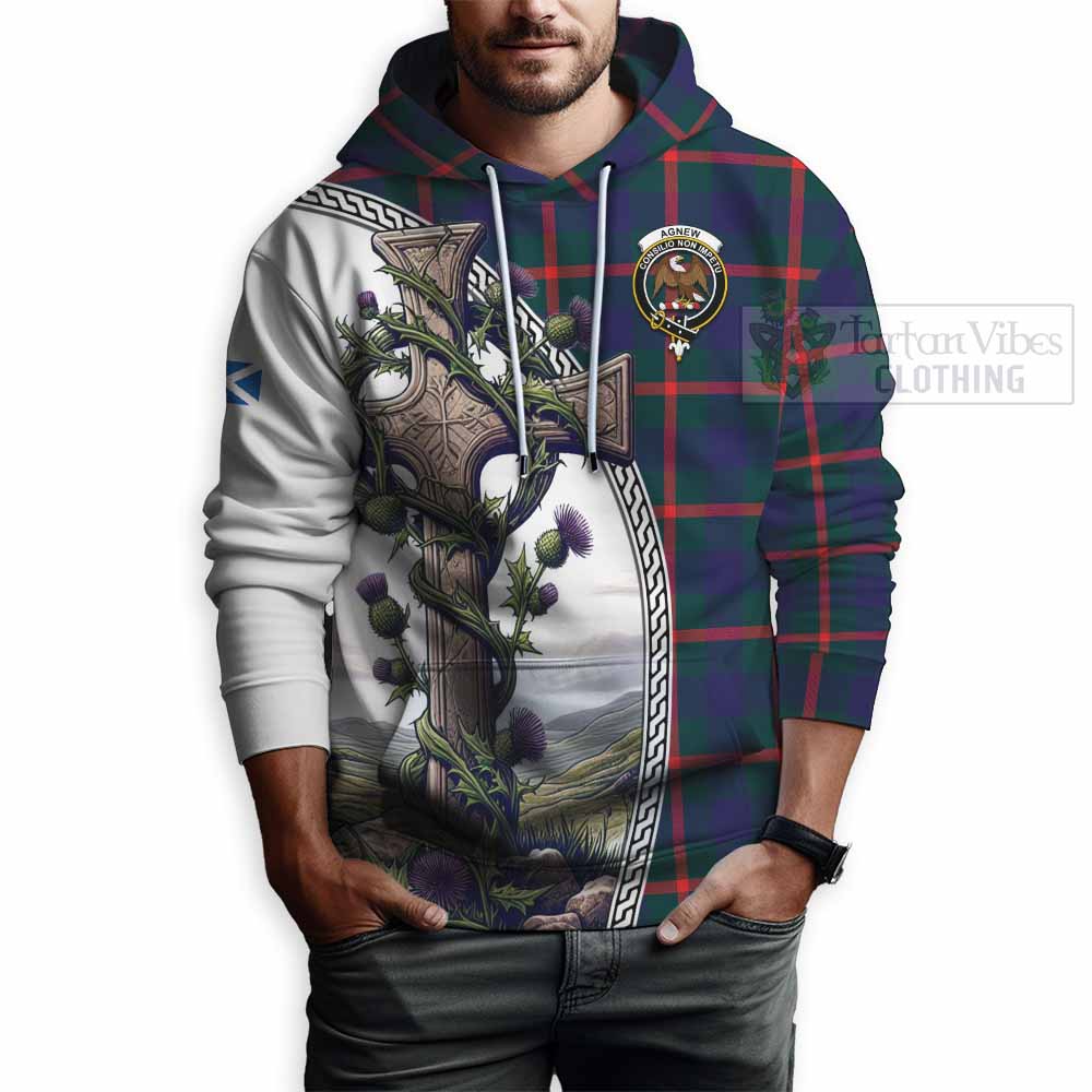 Tartan Vibes Clothing Agnew Tartan Hoodie with Family Crest and St. Andrew's Cross Accented by Thistle Vines