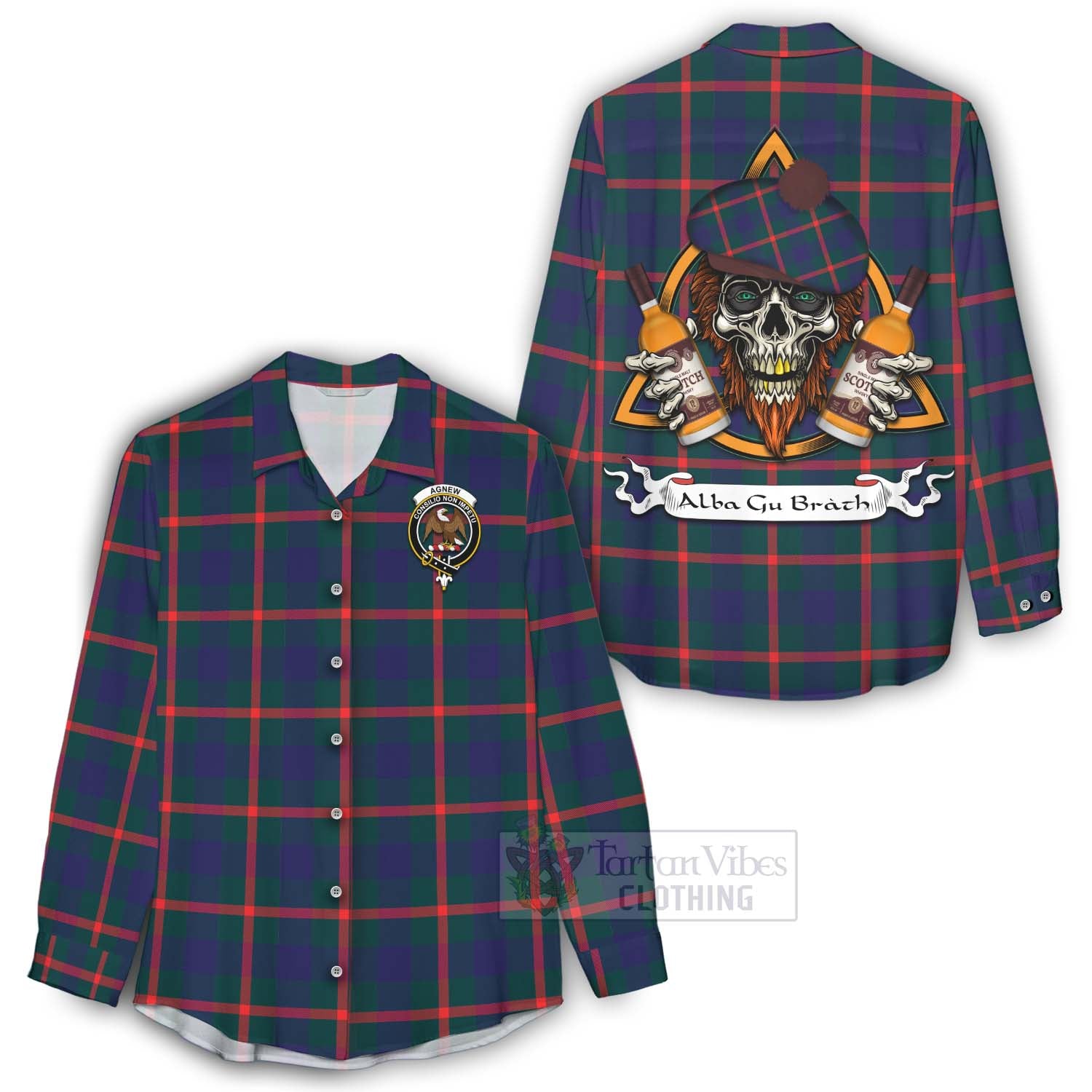 Tartan Vibes Clothing Agnew Tartan Women's Casual Shirt with Family Crest and Bearded Skull Holding Bottles of Whiskey