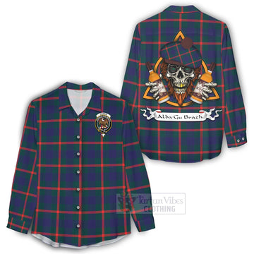 Agnew Tartan Women's Casual Shirt with Family Crest and Bearded Skull Holding Bottles of Whiskey