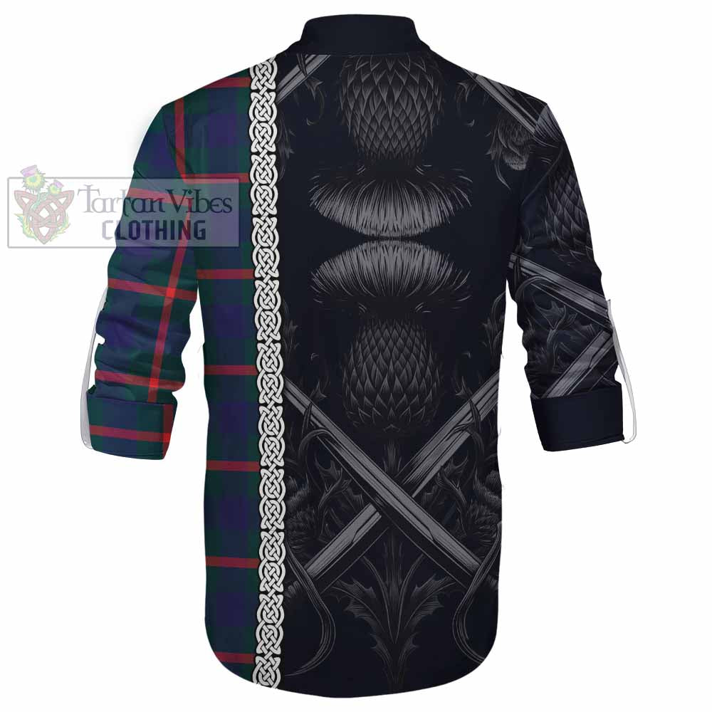 Tartan Vibes Clothing Agnew Tartan Ghillie Kilt Shirt with Family Crest Cross Sword Thistle Celtic Vibes