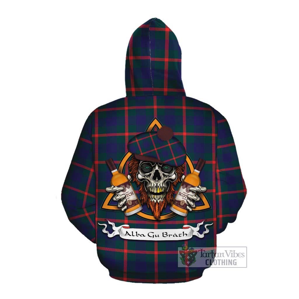 Tartan Vibes Clothing Agnew Tartan Cotton Hoodie with Family Crest and Bearded Skull Holding Bottles of Whiskey