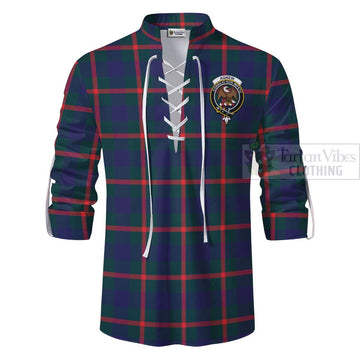 Agnew Tartan Ghillie Kilt Shirt with Family Crest and Bearded Skull Holding Bottles of Whiskey