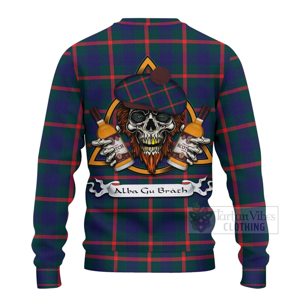 Tartan Vibes Clothing Agnew Tartan Knitted Sweater with Family Crest and Bearded Skull Holding Bottles of Whiskey