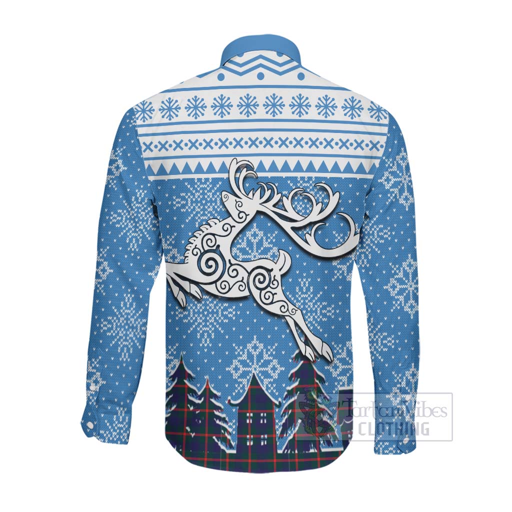 Tartan Vibes Clothing Agnew Clan Christmas Long Sleeve Button Shirt Celtic Reindeer Style