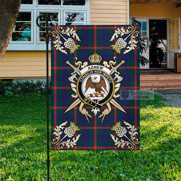 Agnew Tartan Flag with Family Crest and Golden Thistle Crossed Sword Design