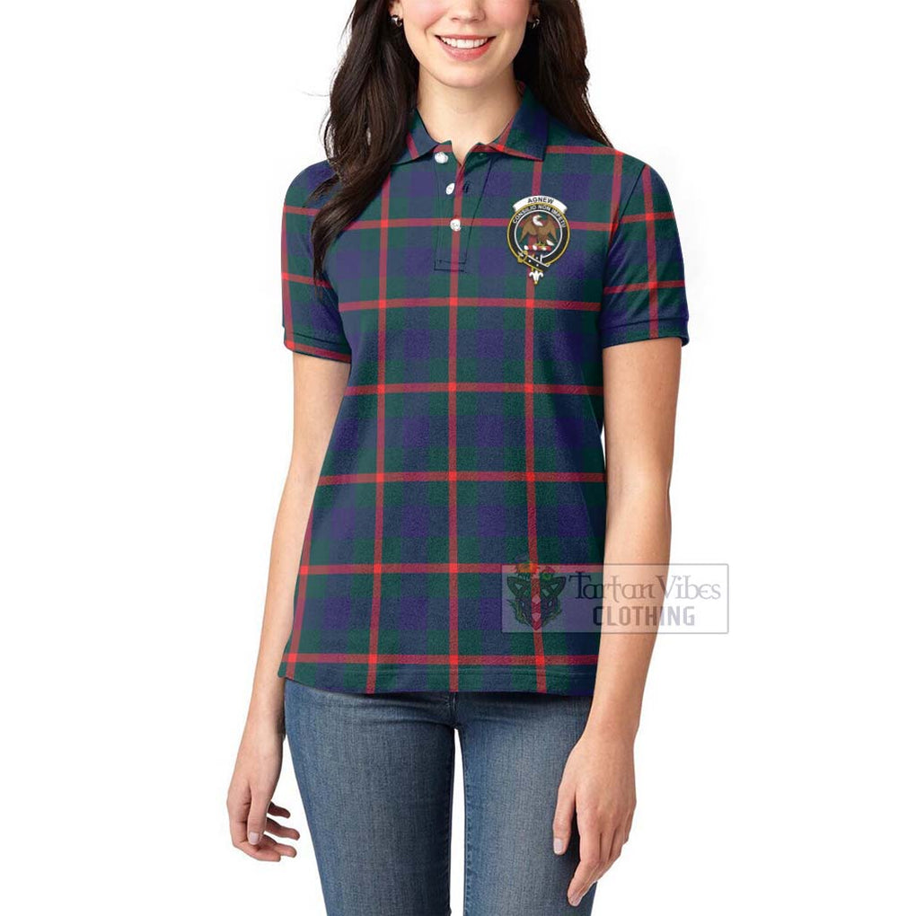 Tartan Vibes Clothing Agnew Tartan Women's Polo Shirt with Family Crest and Bearded Skull Holding Bottles of Whiskey