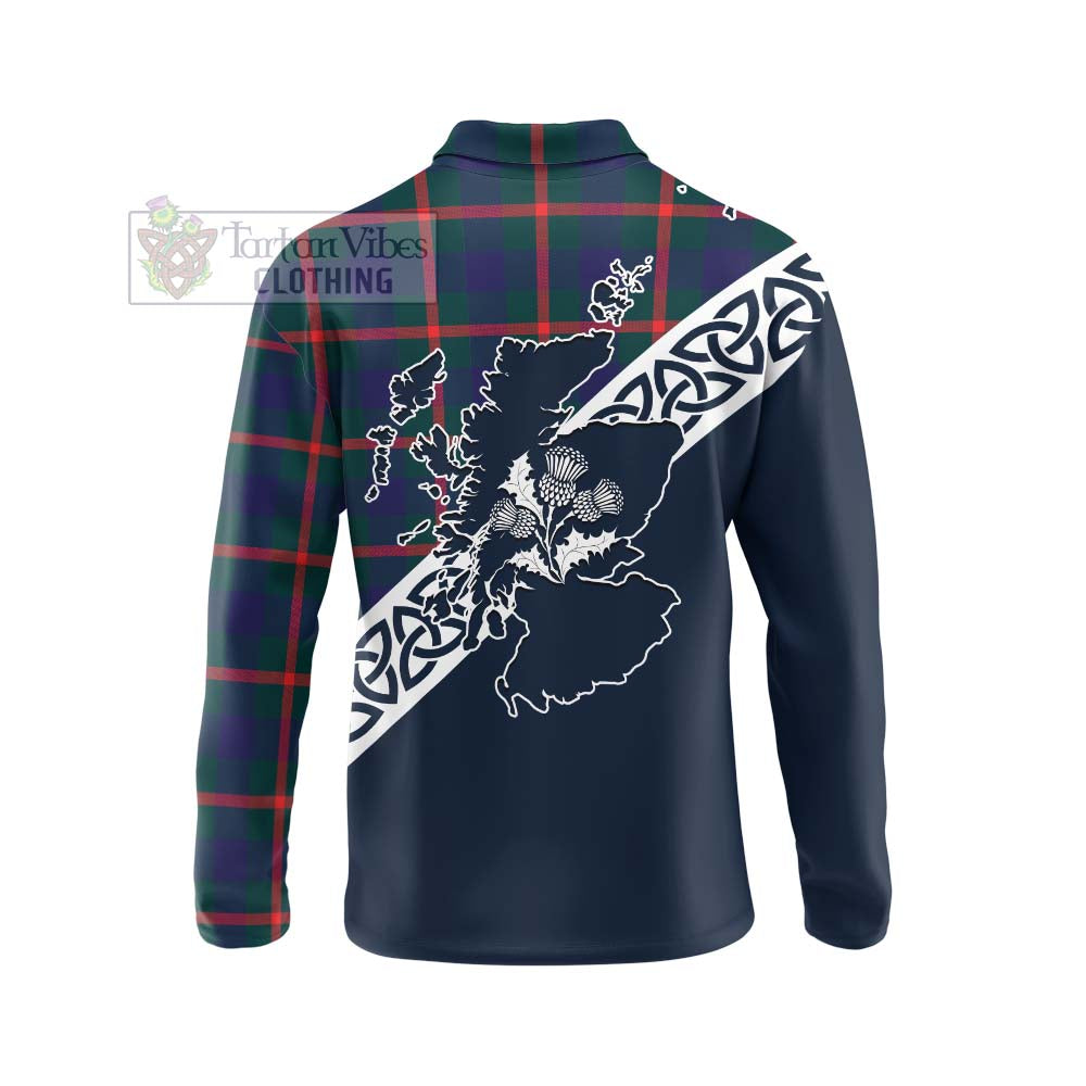 Tartan Vibes Clothing Agnew Tartan Long Sleeve Polo Shirt Featuring Thistle and Scotland Map