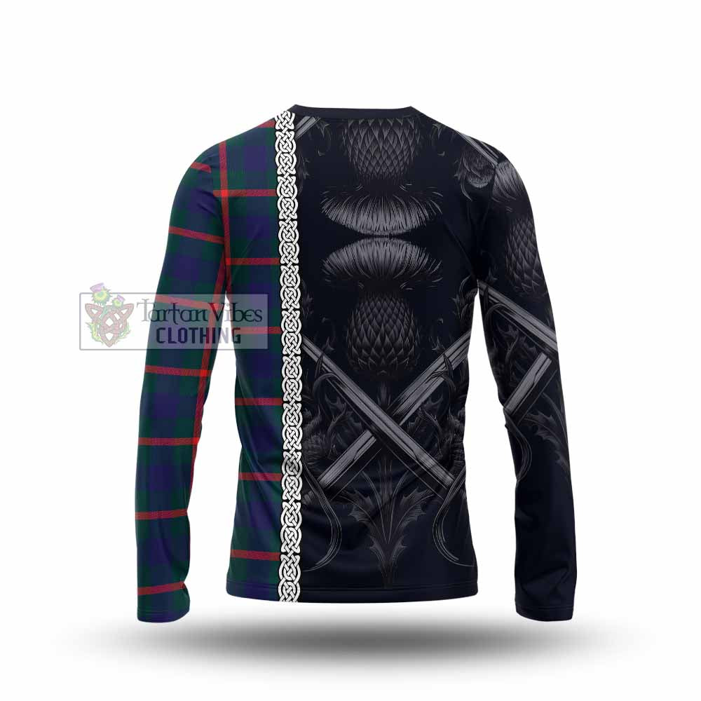 Tartan Vibes Clothing Agnew Tartan Long Sleeve T-Shirt with Family Crest Cross Sword Thistle Celtic Vibes