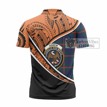 Agnew Crest Tartan Zipper Polo Shirt with Polynesian Vibes Style - Orange Version