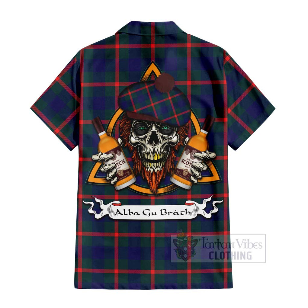 Tartan Vibes Clothing Agnew Tartan Short Sleeve Button Shirt with Family Crest and Bearded Skull Holding Bottles of Whiskey