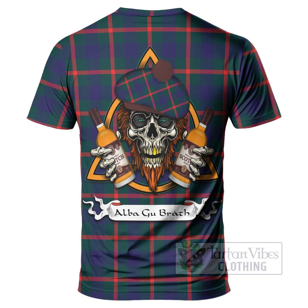 Tartan Vibes Clothing Agnew Tartan T-Shirt with Family Crest and Bearded Skull Holding Bottles of Whiskey