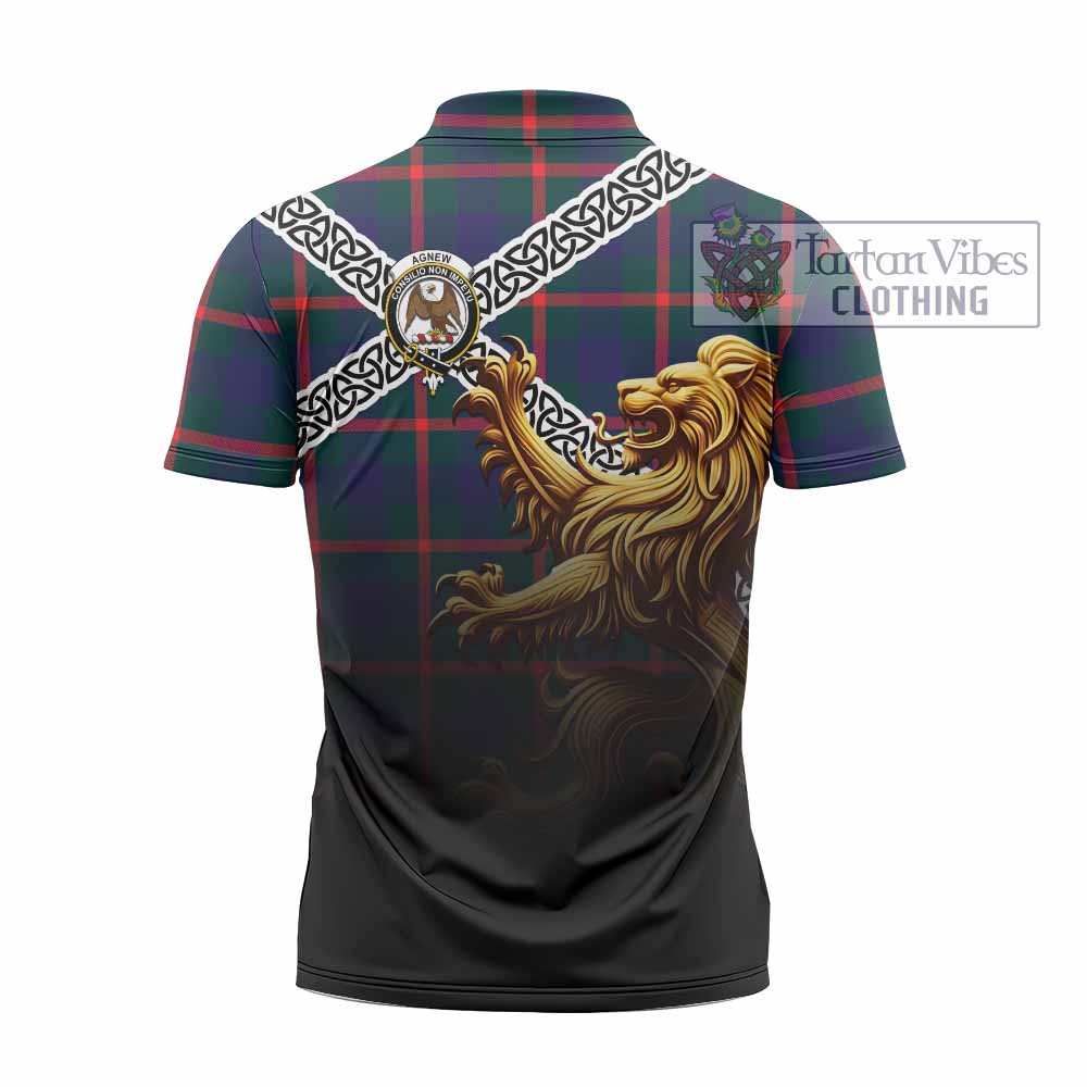 Agnew Crest Tartan Zipper Polo Shirt with Golden Lion Emblem Celtic Style - Tartan Vibes Clothing