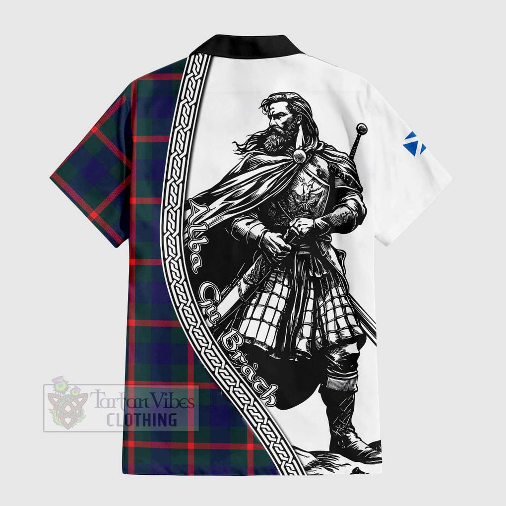 Tartan Vibes Clothing Agnew Tartan Clan Crest Short Sleeve Button Shirt with Highlander Warrior Celtic Style