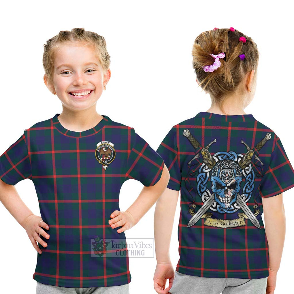 Tartan Vibes Clothing Agnew Tartan Kid T-Shirt with Family Crest Celtic Skull Style