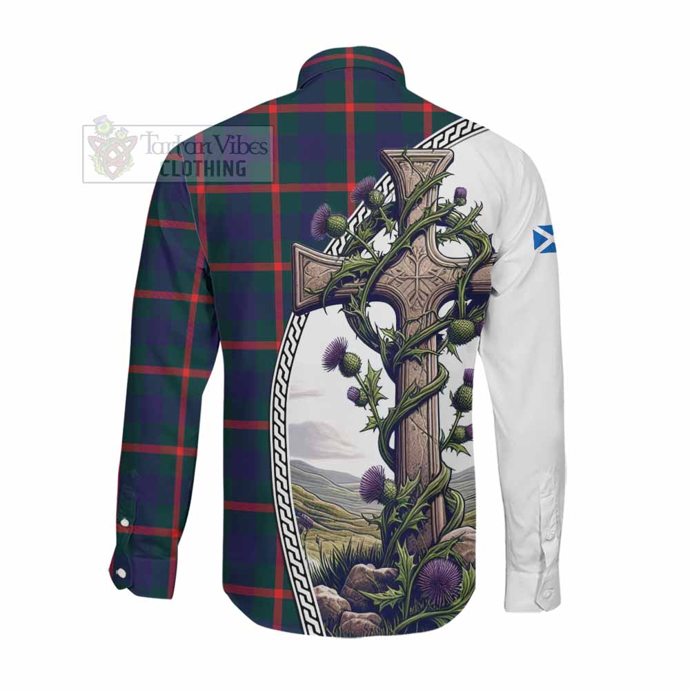 Tartan Vibes Clothing Agnew Tartan Long Sleeve Button Shirt with Family Crest and St. Andrew's Cross Accented by Thistle Vines