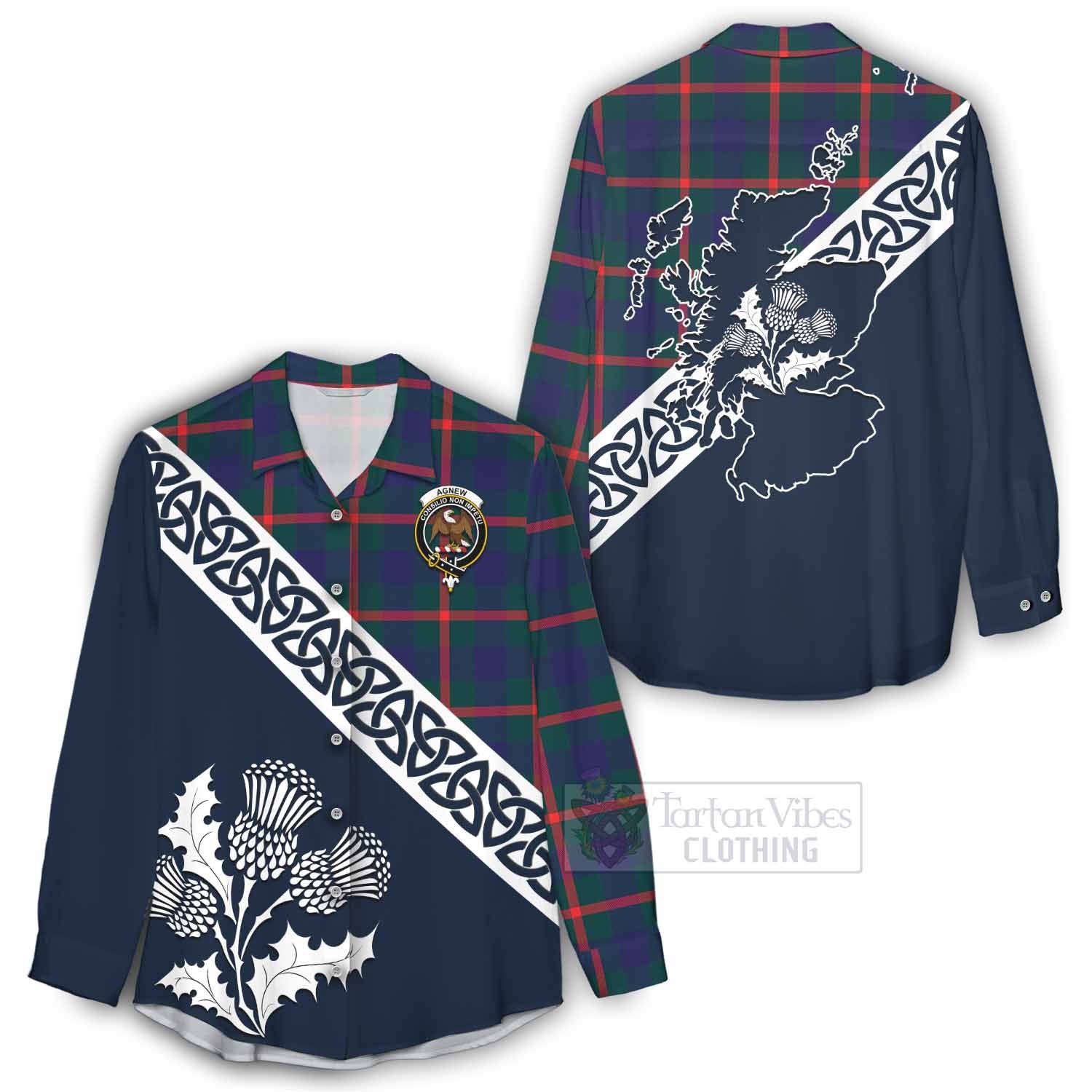 Tartan Vibes Clothing Agnew Tartan Women's Casual Shirt Featuring Thistle and Scotland Map