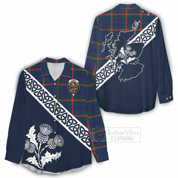 Agnew Tartan Women's Casual Shirt Featuring Thistle and Scotland Map