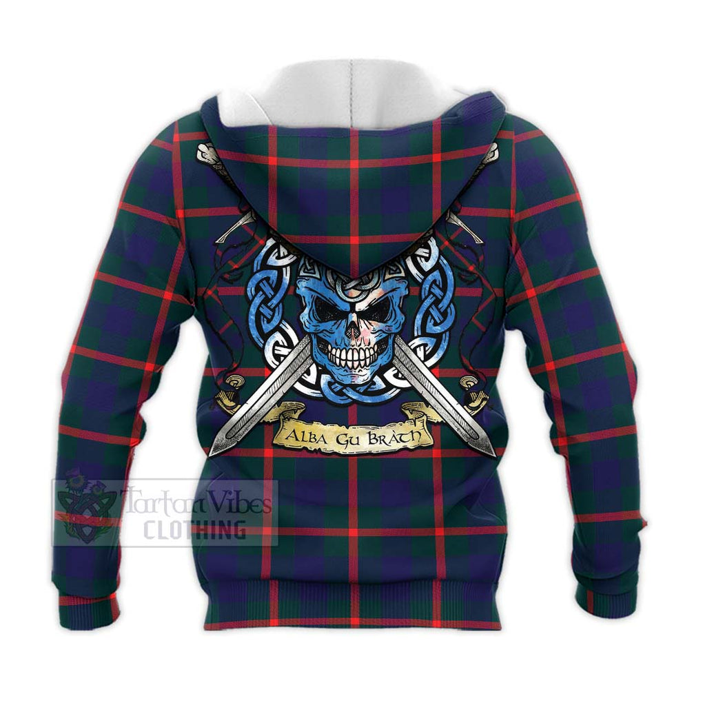 Tartan Vibes Clothing Agnew Tartan Knitted Hoodie with Family Crest Celtic Skull Style