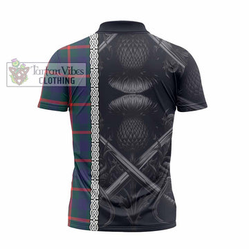 Agnew Tartan Zipper Polo Shirt with Family Crest Cross Sword Thistle Celtic Vibes