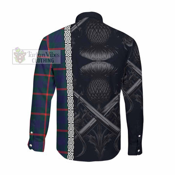 Agnew Tartan Long Sleeve Button Shirt with Family Crest Cross Sword Thistle Celtic Vibes