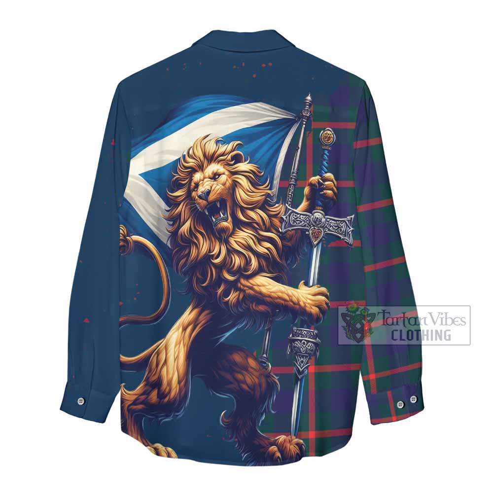 Tartan Vibes Clothing Agnew Tartan Family Crest Women's Casual Shirt with Scottish Majestic Lion