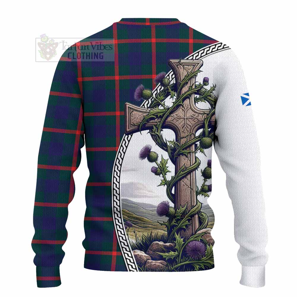 Tartan Vibes Clothing Agnew Tartan Knitted Sweater with Family Crest and St. Andrew's Cross Accented by Thistle Vines