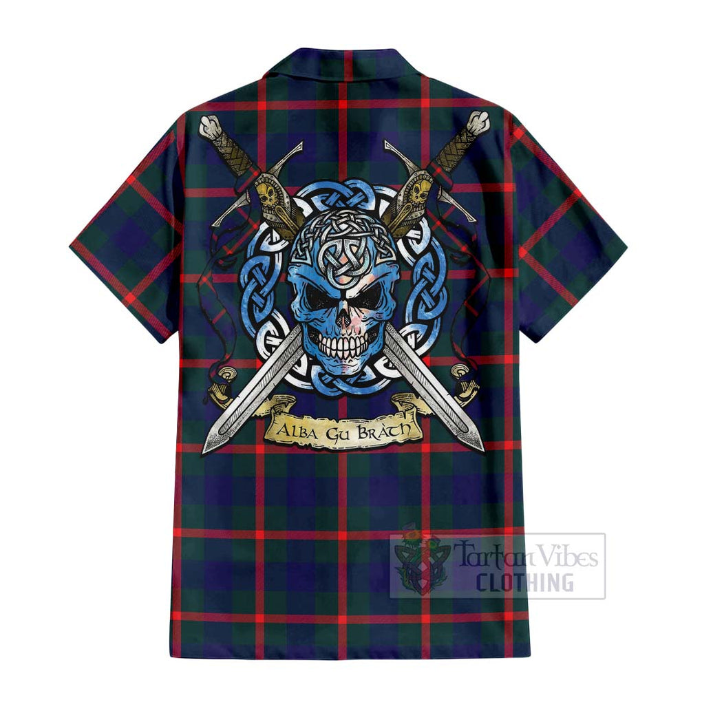 Tartan Vibes Clothing Agnew Tartan Short Sleeve Button Shirt with Family Crest Celtic Skull Style