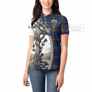 Agnew Tartan Women's Polo Shirt with Family Crest and St. Andrew's Cross Accented by Thistle Vines