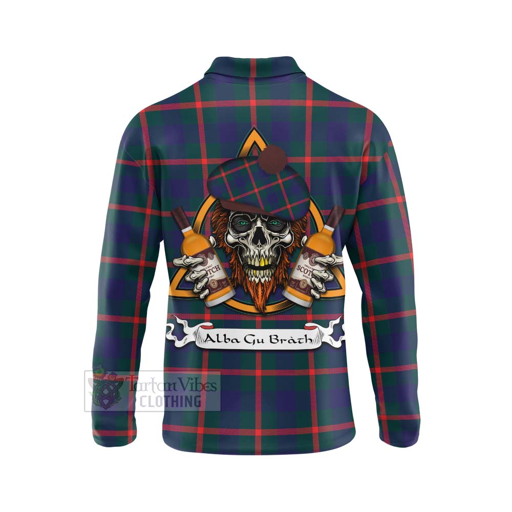 Tartan Vibes Clothing Agnew Tartan Long Sleeve Polo Shirt with Family Crest and Bearded Skull Holding Bottles of Whiskey