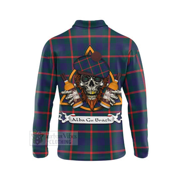 Agnew Tartan Long Sleeve Polo Shirt with Family Crest and Bearded Skull Holding Bottles of Whiskey