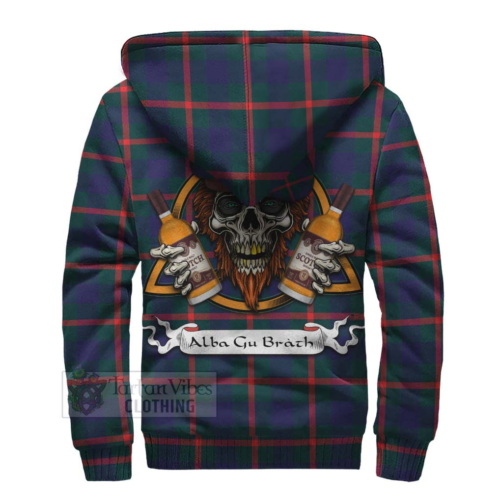 Tartan Vibes Clothing Agnew Tartan Sherpa Hoodie with Family Crest and Bearded Skull Holding Bottles of Whiskey