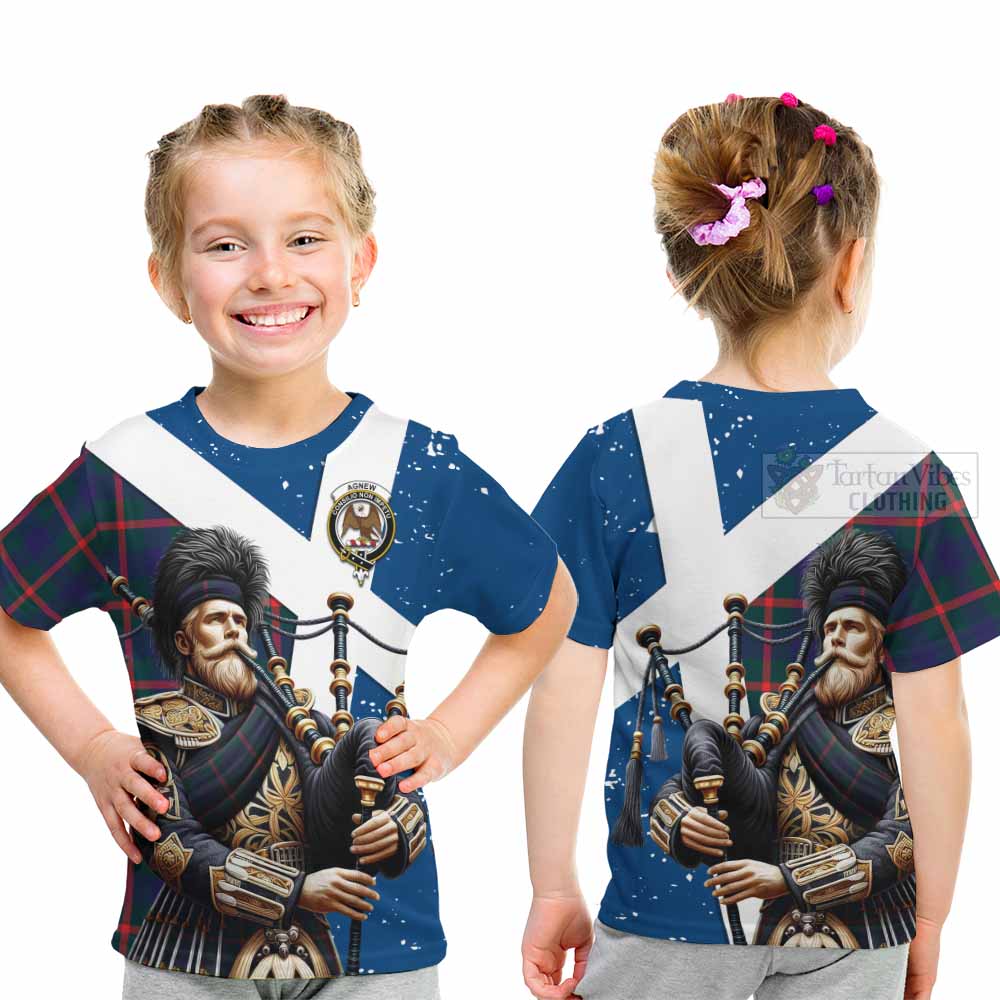 Tartan Vibes Clothing Agnew Tartan Kid T-Shirt with Family Crest Scottish Bagpiper Vibes