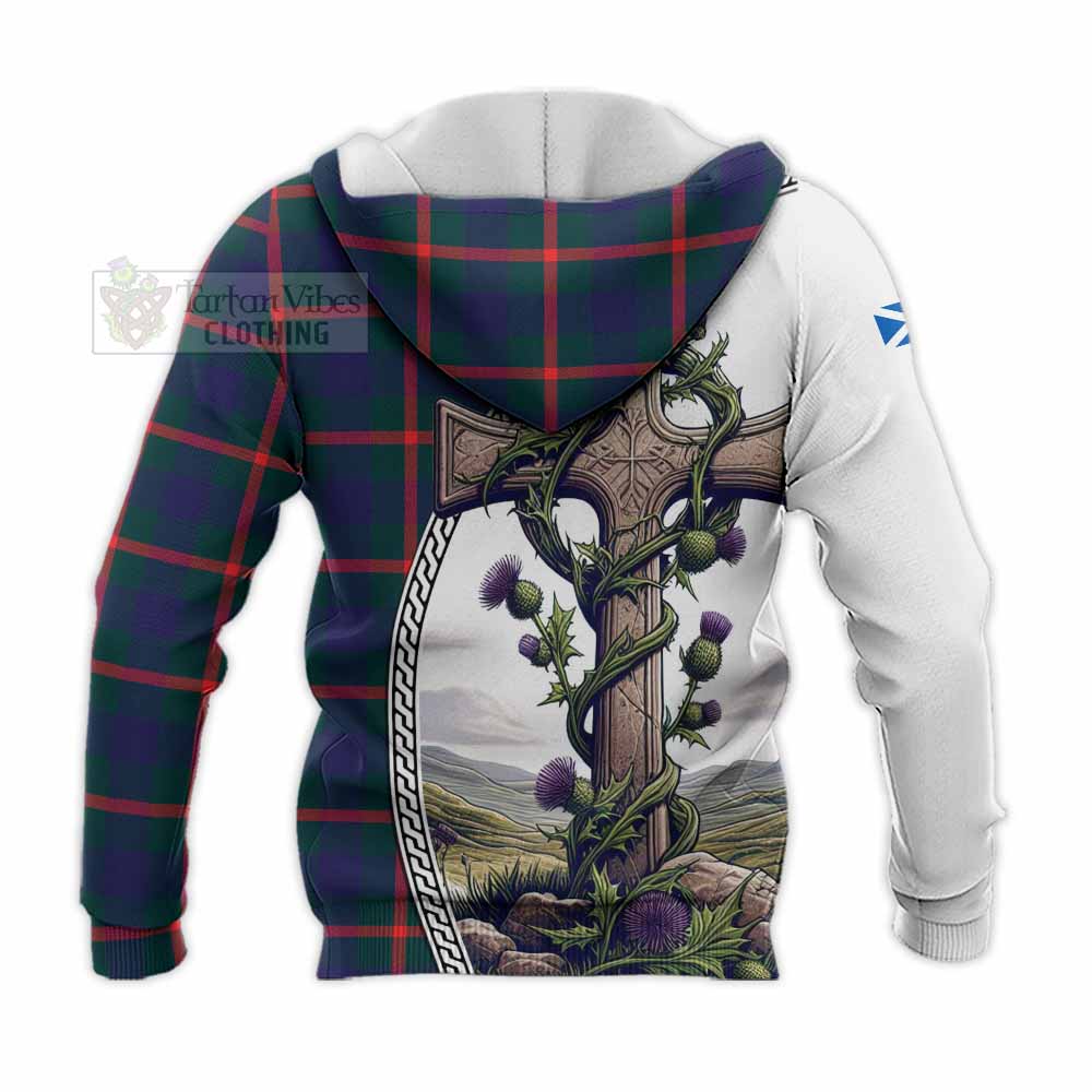 Tartan Vibes Clothing Agnew Tartan Knitted Hoodie with Family Crest and St. Andrew's Cross Accented by Thistle Vines