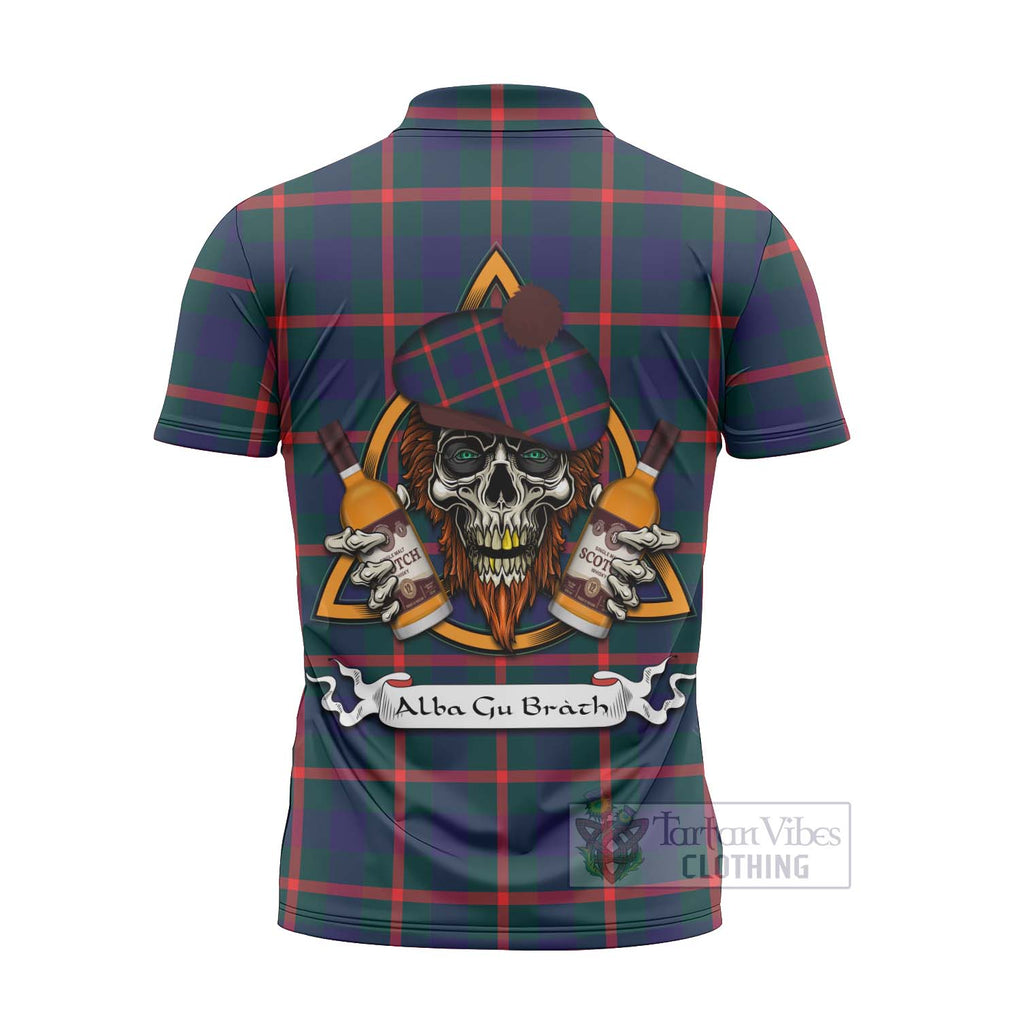 Tartan Vibes Clothing Agnew Tartan Zipper Polo Shirt with Family Crest and Bearded Skull Holding Bottles of Whiskey