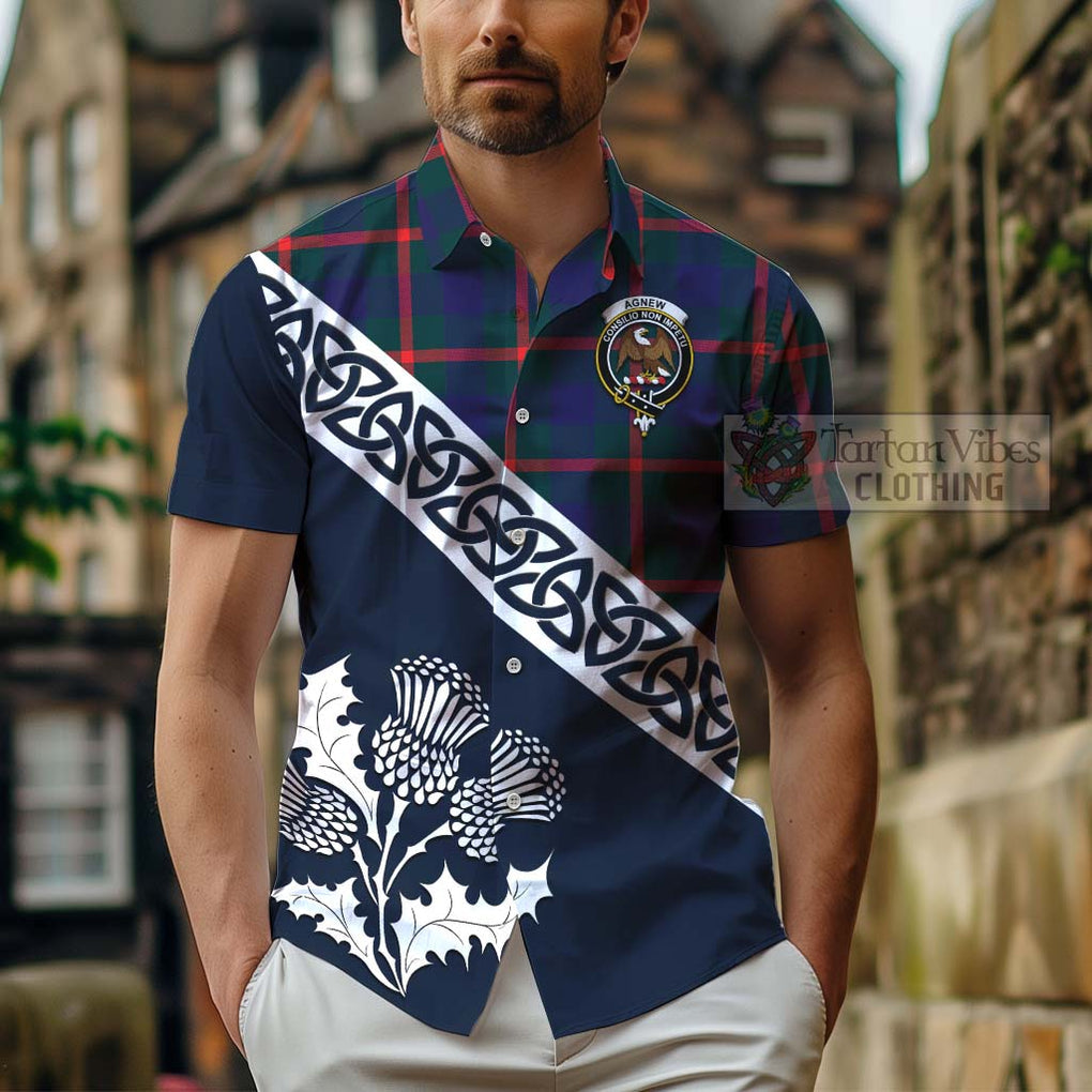 Tartan Vibes Clothing Agnew Tartan Short Sleeve Button Shirt Featuring Thistle and Scotland Map