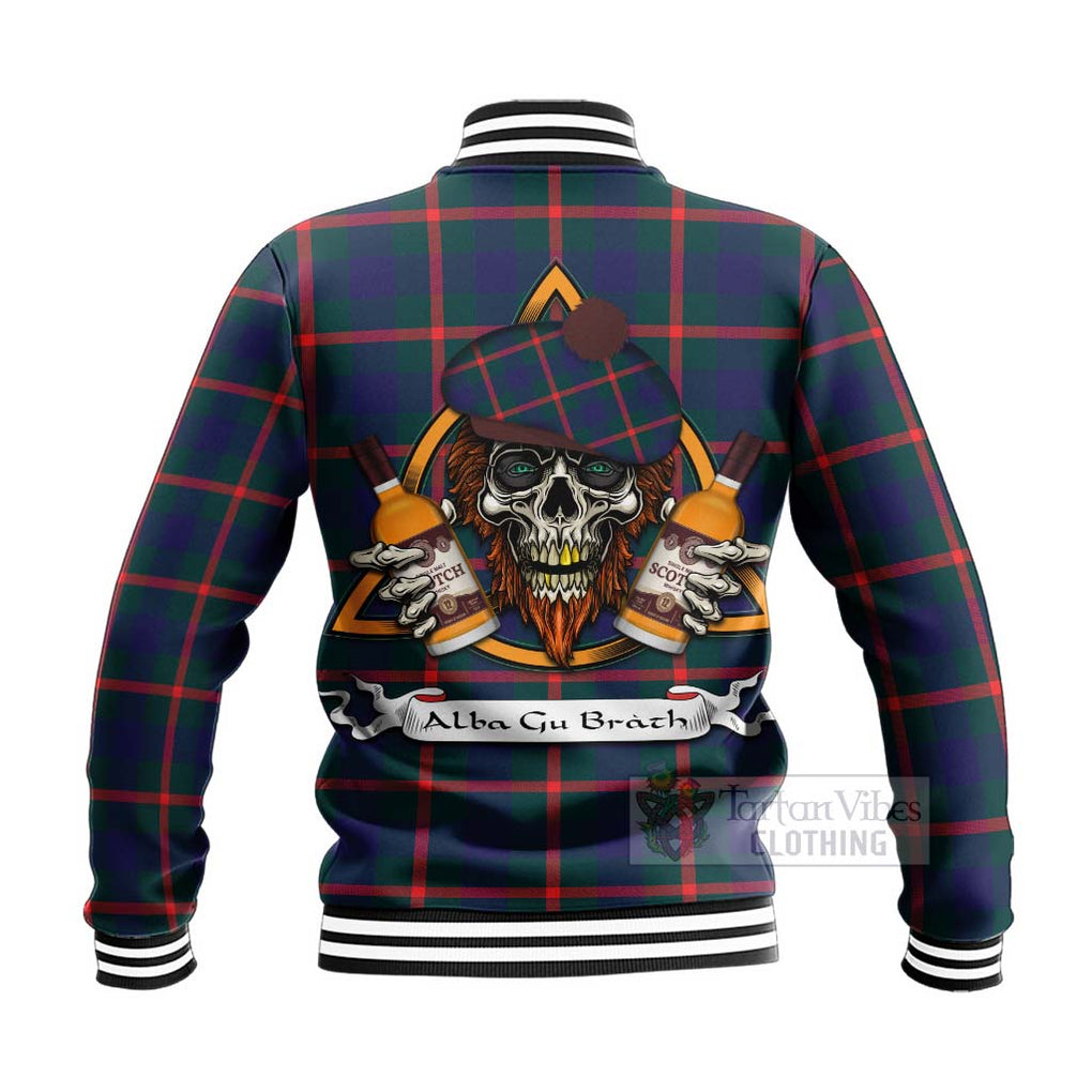 Tartan Vibes Clothing Agnew Tartan Baseball Jacket with Family Crest and Bearded Skull Holding Bottles of Whiskey