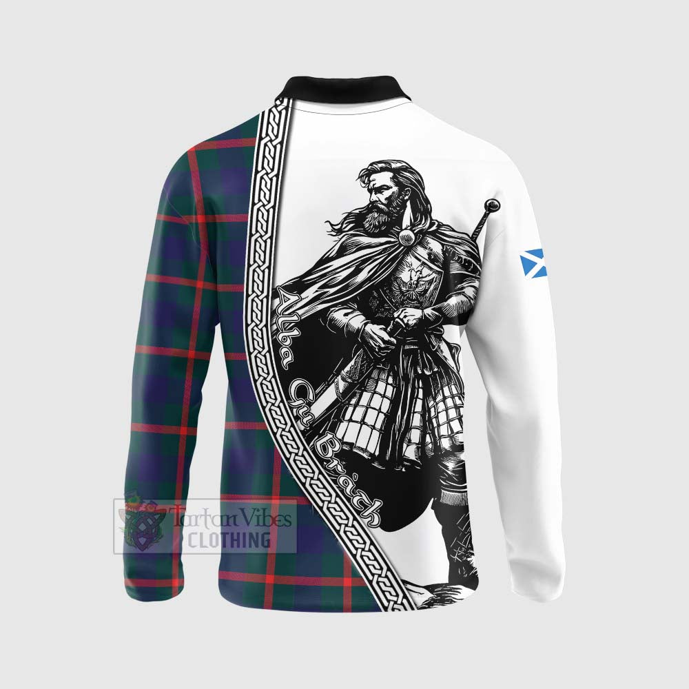 Tartan Vibes Clothing Agnew Tartan Clan Crest Long Sleeve Polo Shirt with Highlander Warrior Celtic Style