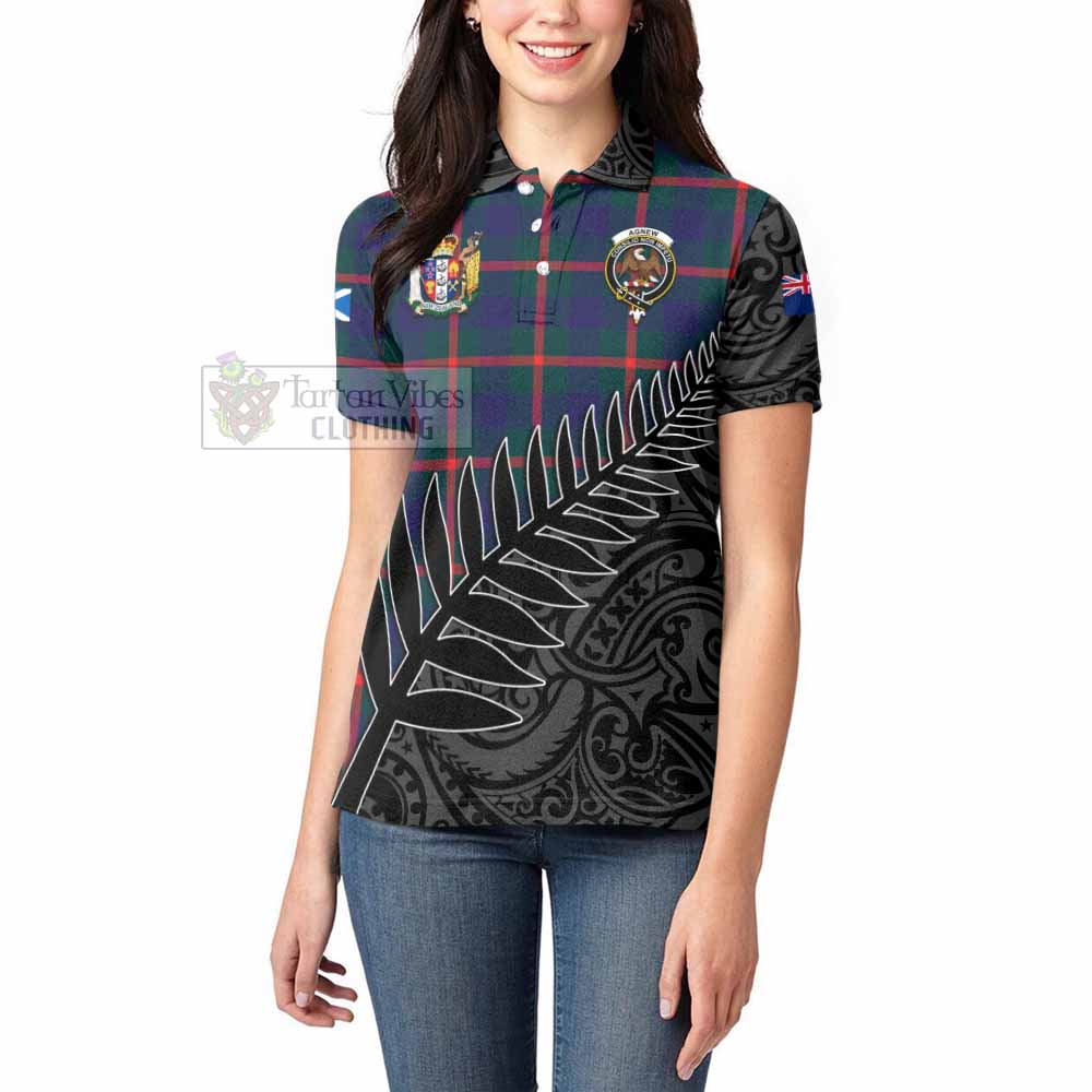 Tartan Vibes Clothing Agnew Crest Tartan Women's Polo Shirt with New Zealand Silver Fern Half Style