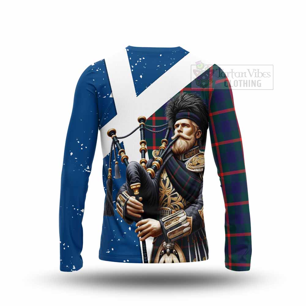 Tartan Vibes Clothing Agnew Tartan Long Sleeve T-Shirt with Family Crest Scottish Bagpiper Vibes