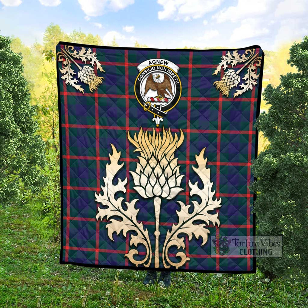 Tartan Vibes Clothing Agnew Tartan Quilt with Family Crest and Golden Thistle Style