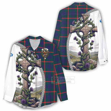 Agnew Tartan Women's Casual Shirt with Family Crest and St. Andrew's Cross Accented by Thistle Vines