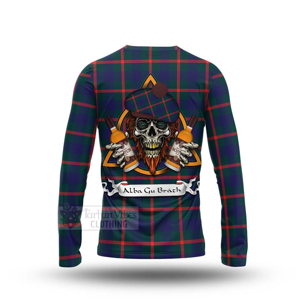 Tartan Vibes Clothing Agnew Tartan Long Sleeve T-Shirt with Family Crest and Bearded Skull Holding Bottles of Whiskey