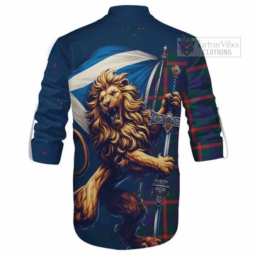 Agnew Tartan Family Crest Ghillie Kilt Shirt with Scottish Majestic Lion