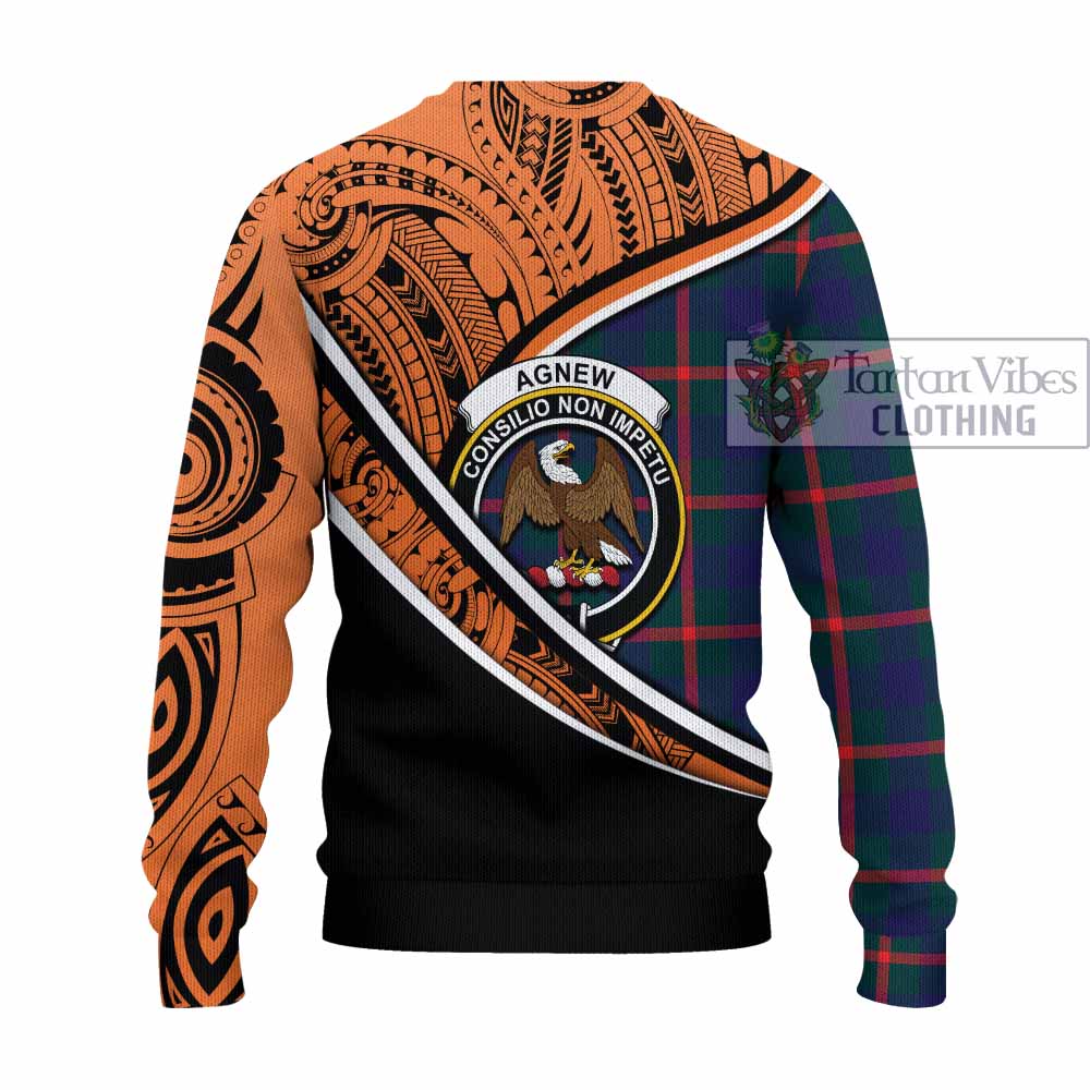 Tartan Vibes Clothing Agnew Crest Tartan Knitted Sweater with Maori Tattoo Style - Orange Version